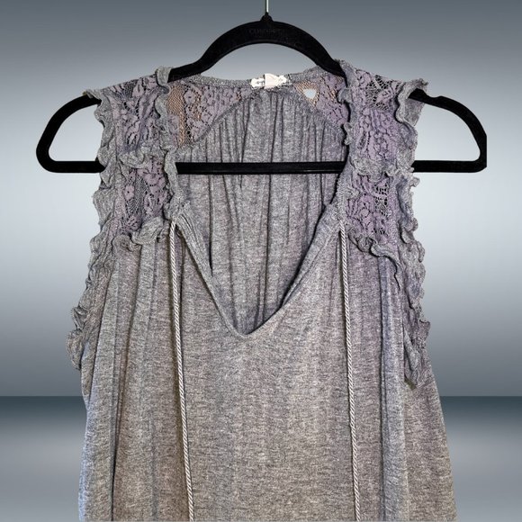 Eyeshadow Heather Grey Frill Ruffle Trim Tank with Tie V-Neck Collar - Picture 4 of 6